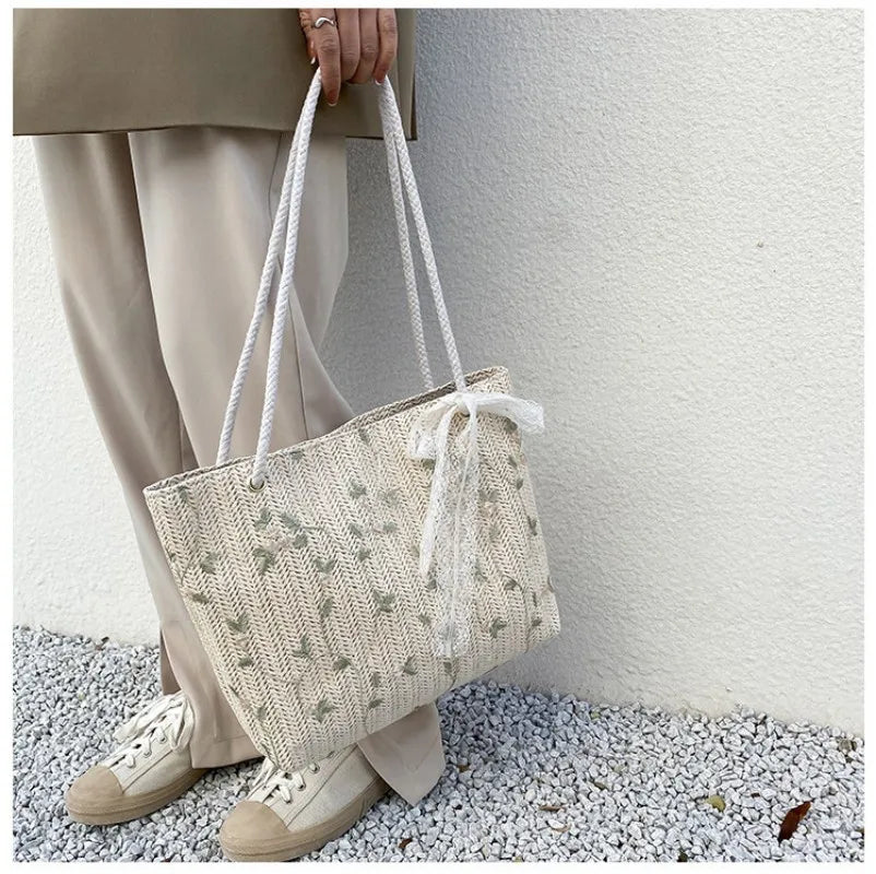 2024 New Summer Women Fashion Woven Bag Handbags For Female All-Match Portable Bucket Bag Luxury Designer Handbag Picnic Bags